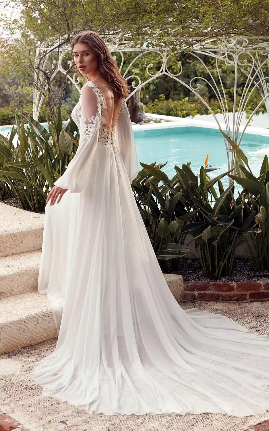 Miao Duo Women's Elegant Lace Beach Wedding Dresses for Bride 2025 with Sleeves Wedding Bridal Gowns YZTS014