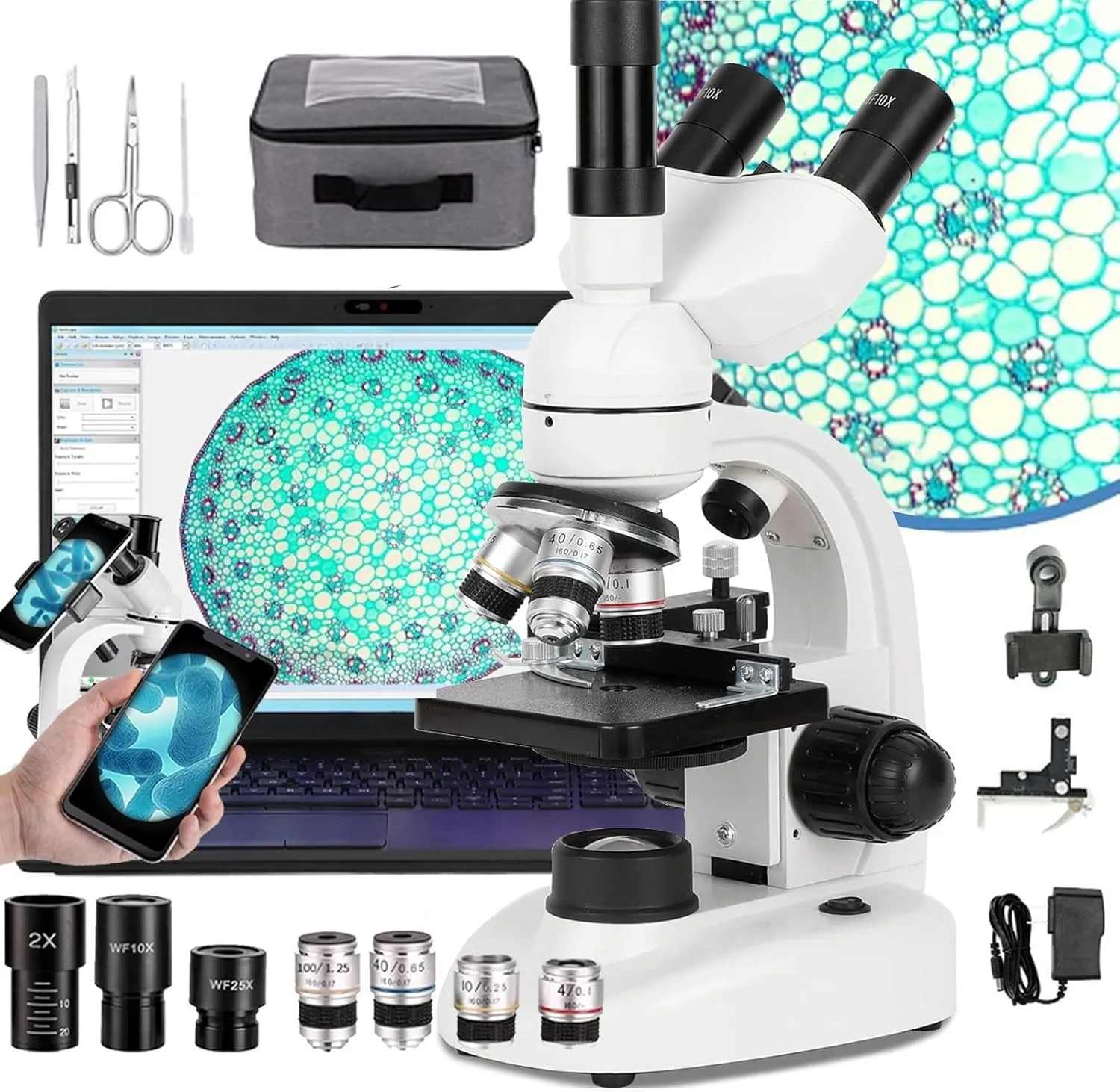 Microscope for Adults Kids, 40x-5000x Compound Biological Trinocular Microscopes with E-Eyepiece/Phone Holder/Objective Lens/Eyepiece/Caliper/Storage Bag- for Kids Students Adults Gifts,White