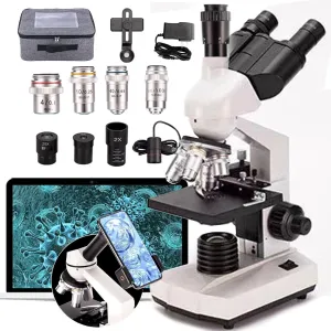 Microscope for Adults Kids, Microscope for Adults Kids Students，40x-5000x Trinocular Compound Led Microscope with Bag   Box   Dust Cover，Dual LED Illumination