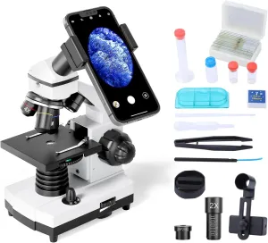 Microscope for Adults Kids Students 100-2000x Magnification Powerful Biological Educational Microscopes with Operation Accessories (10p), Slides Set (15p), Phone Adapter, Wire Shutter & Backpack