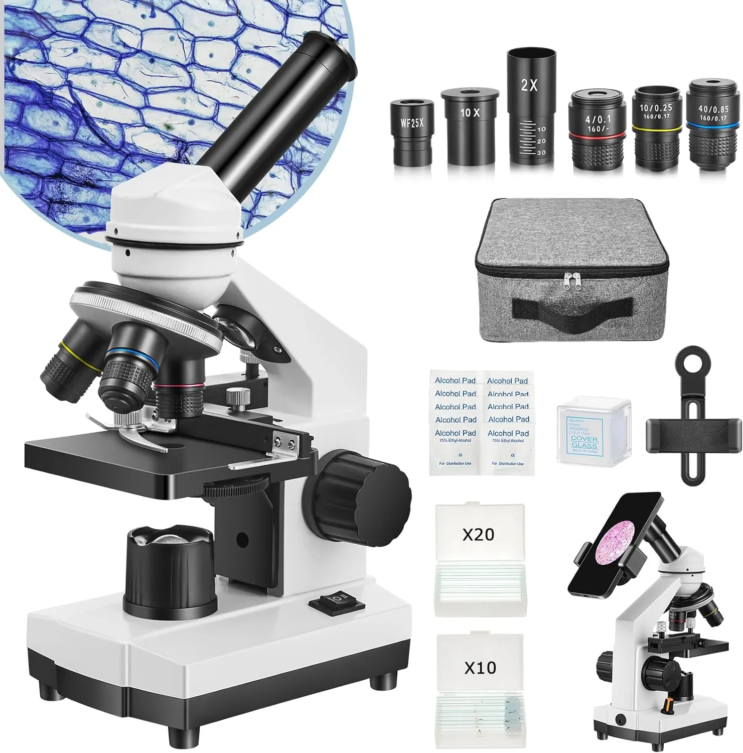 Microscope for Adults Kids Students, 40X-2000X Microscope for Beginners, Biological Microscope Kit with Phone Holder, 10pcs Specimen Slides, 20 Pcs Slides & 100pcs Coverslips, Storage Bag