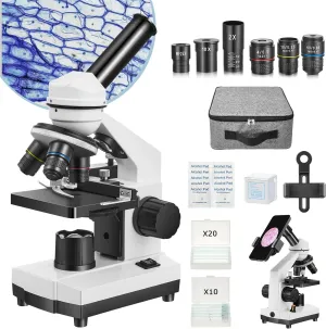 Microscope for Adults Kids Students, 40X-2000X Microscope for Beginners, Biological Microscope Kit with Phone Holder, 10pcs Specimen Slides, 20 Pcs Slides & 100pcs Coverslips, Storage Bag