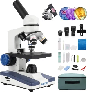 Microscope for Adults Kids Students, Compound Monocular Microscope 40X-2000X, Dual LED Illumination, Slides Set with Specimens, Phone Holder Adapter, School & Home Education