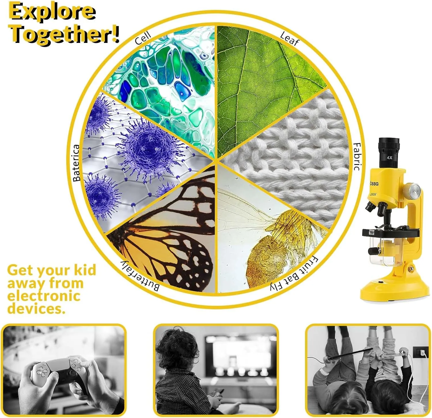 Microscope for Kids - 100X 400X 1200X Beginner Microscopes kit with LED Light, Include 12PCS Sample Prepared Slides, Science Educational Gift and Toy for Boy&Girl Birthday Halloween Christmas