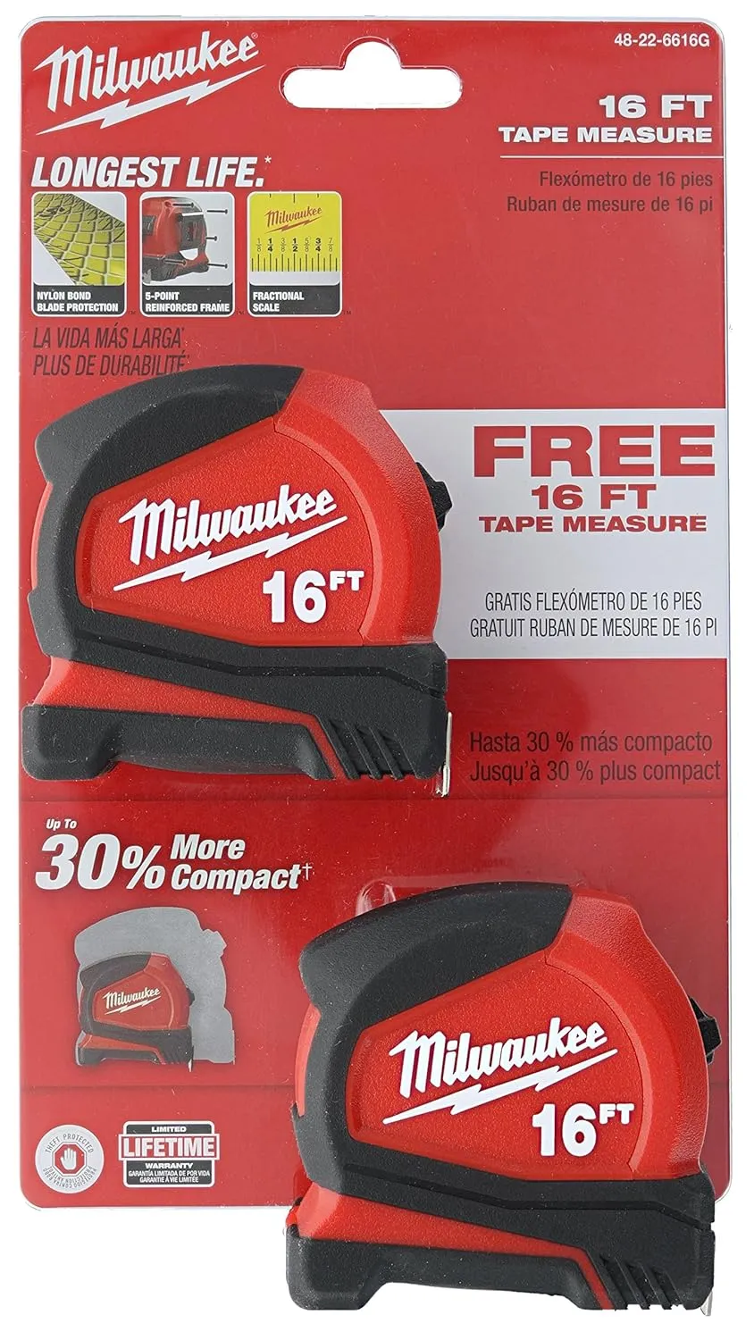 Milwaukee 48-22-6616G 2-Pack of 16’ Compact Tape Measures w/ Double-Sided Tape and Scoring Hook