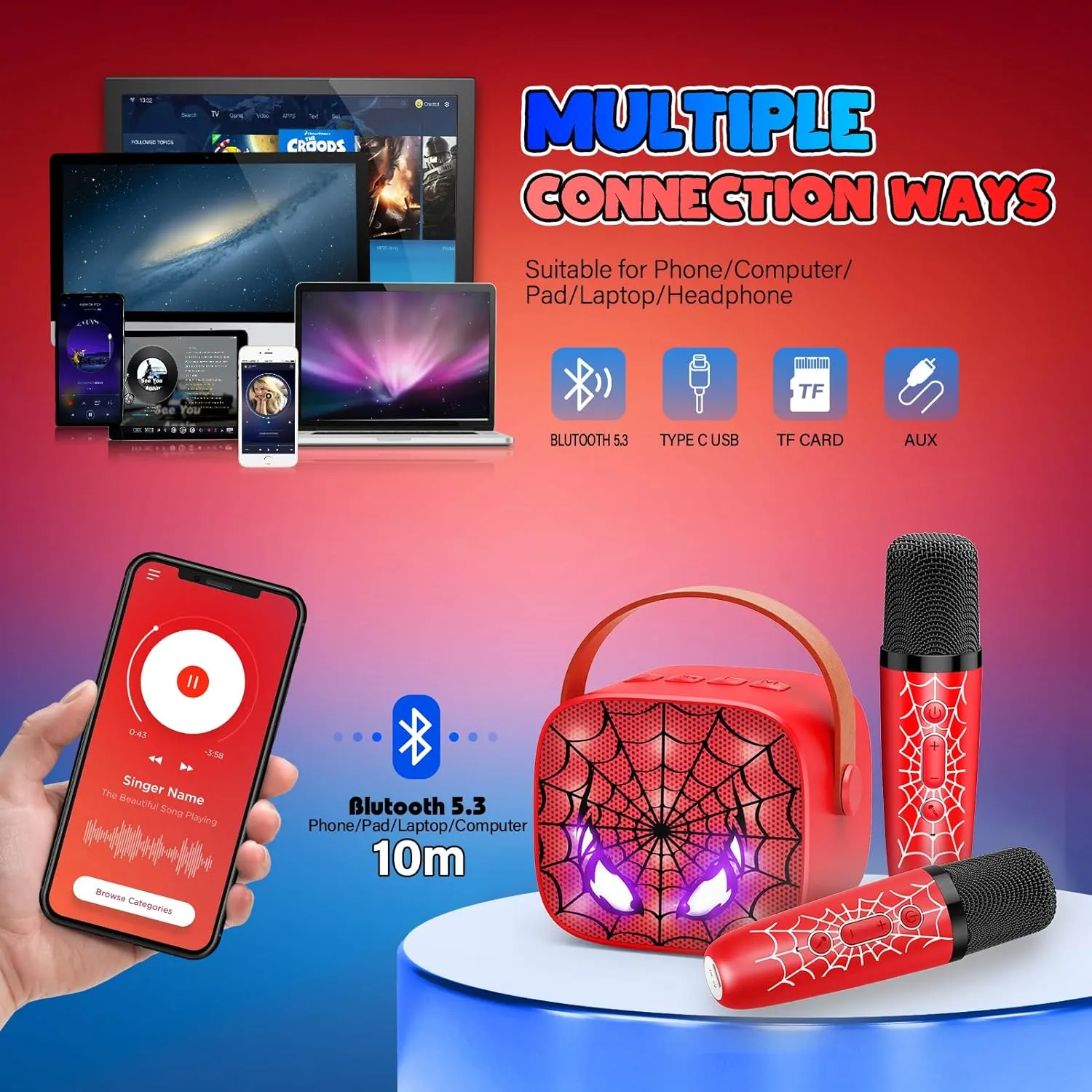 Mini Karaoke Machine Toys Gifts: Kids Toys Birthday Gifts for 4 5 6 7 8 9 Years Old Girl Boy LED Portable Bluetooth Speaker with 2 Wireless Microphone Girl Boy Kid Adult Gift Age 3-12 