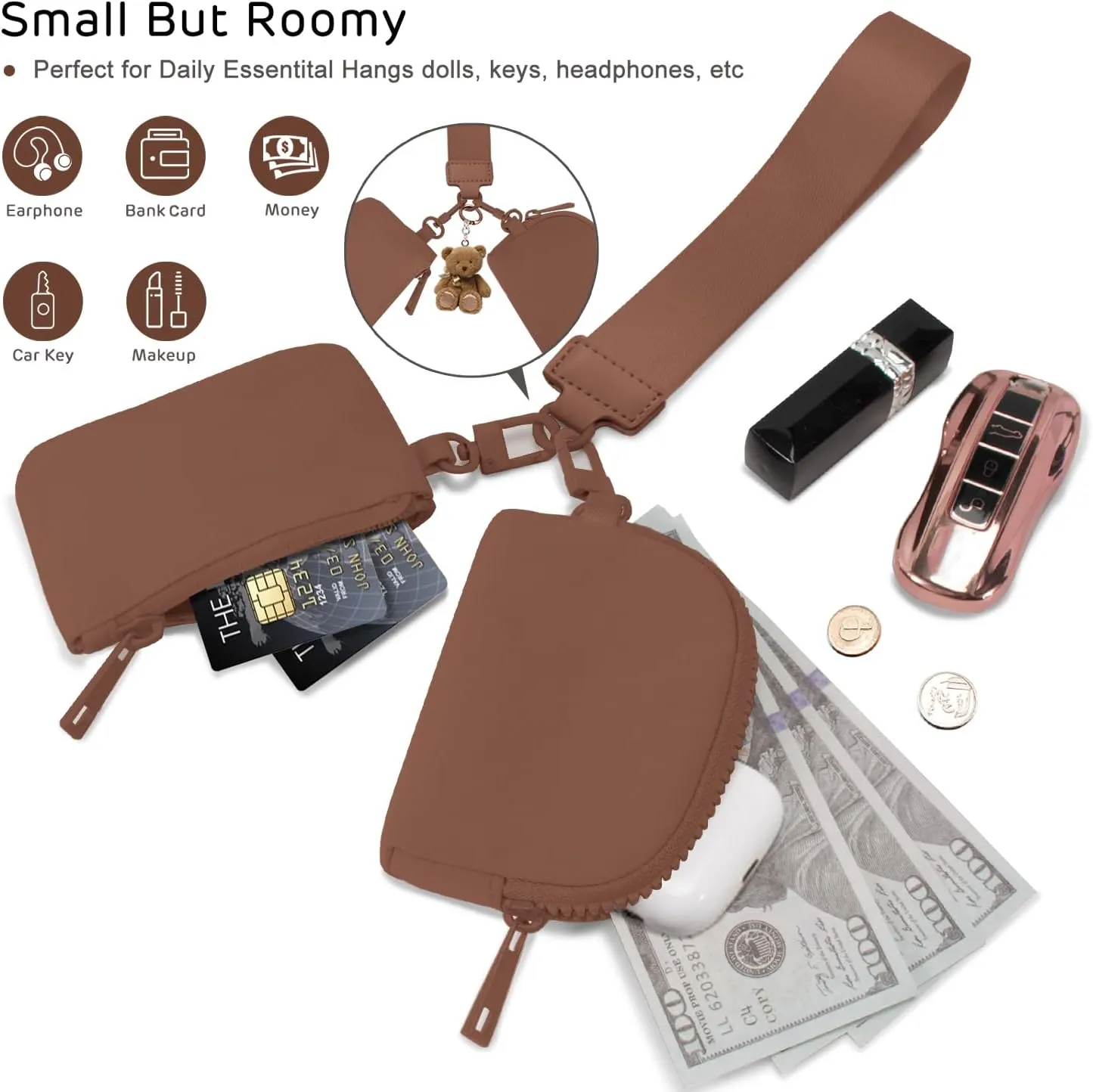 Mini Zip Around Wristlet Wallets for Women Small Portable Coin Purse Dual Pouch Keychain Wristlet Gifts for Women Travel Sports Outdoors (Brown)