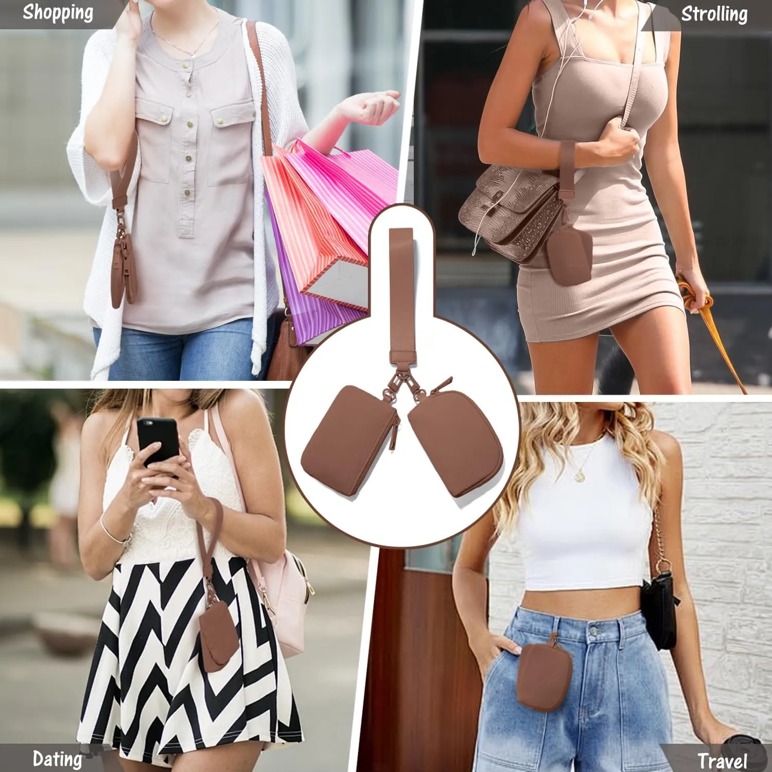 Mini Zip Around Wristlet Wallets for Women Small Portable Coin Purse Dual Pouch Keychain Wristlet Gifts for Women Travel Sports Outdoors (Brown)