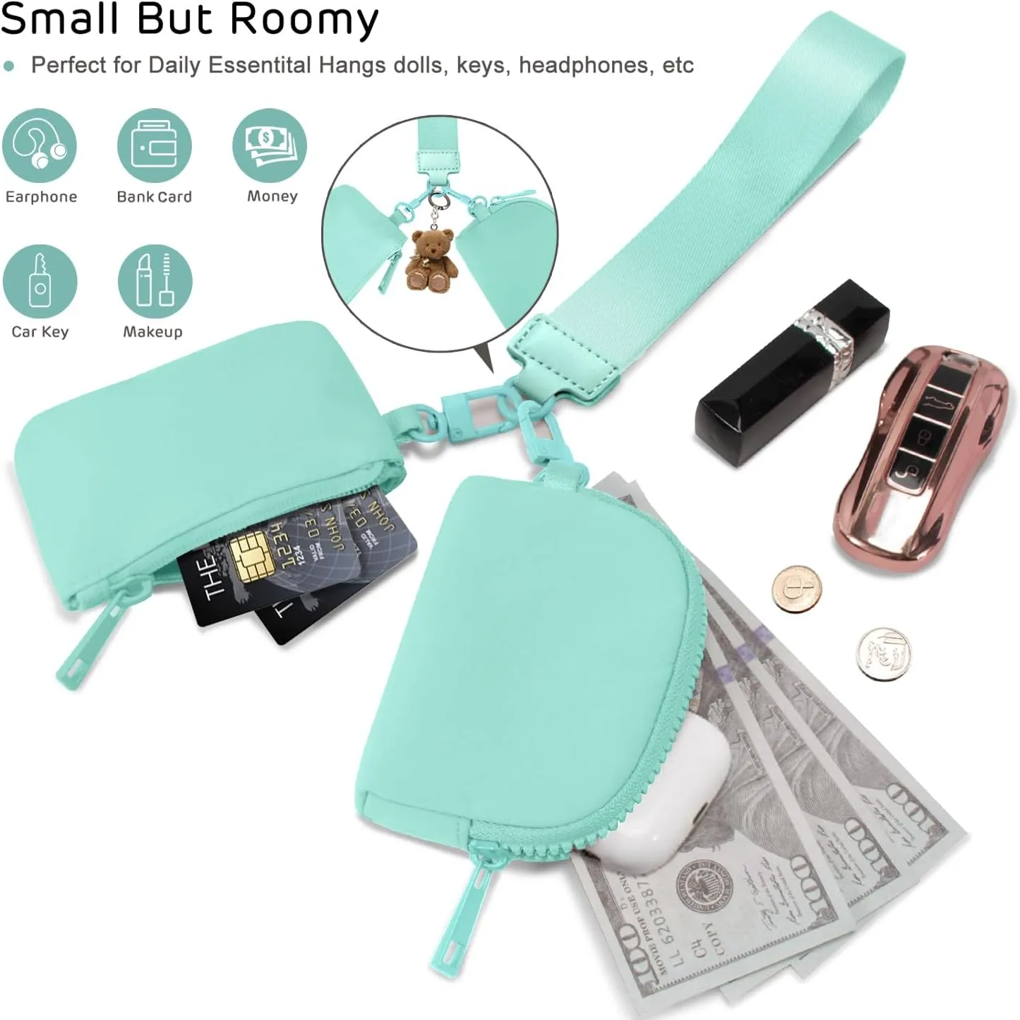 Mini Zip Around Wristlet Wallets for Women Small Portable Coin Purse Dual Pouch Keychain Wristlet Gifts for Women Travel Sports Outdoors (Light Green)