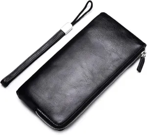 Minimalist Leather Wallets for Men Long Bifold Wallet Zip Around Clutch Travel Purse for Checkbook, Smartphone, Cash