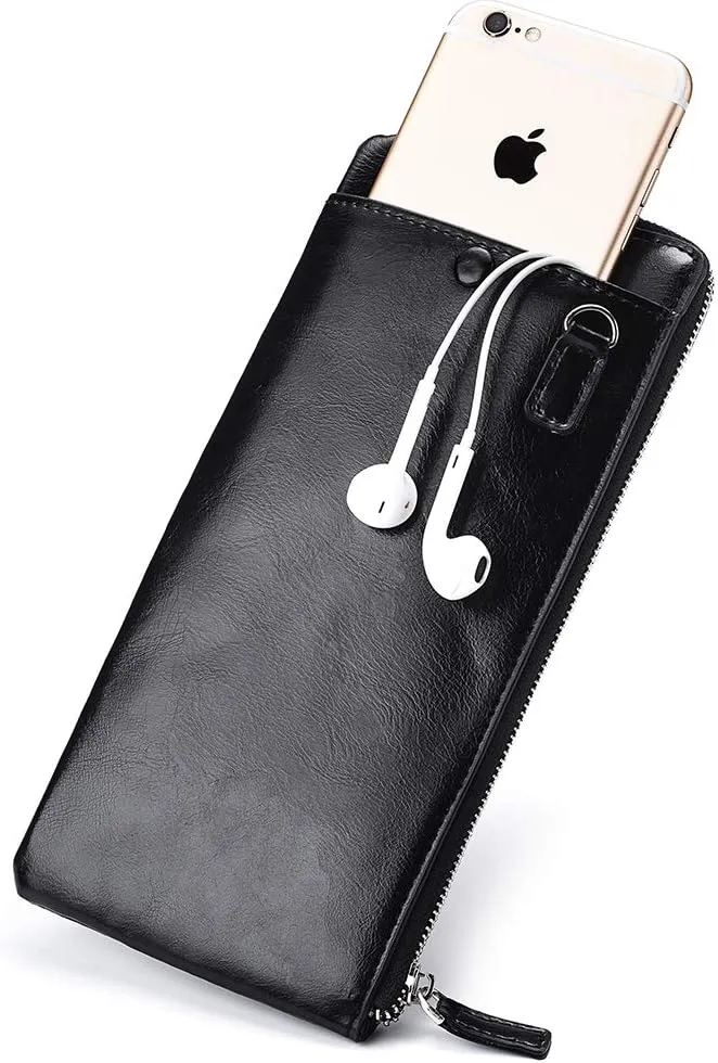 Minimalist Leather Wallets for Men Long Bifold Wallet Zip Around Clutch Travel Purse for Checkbook, Smartphone, Cash