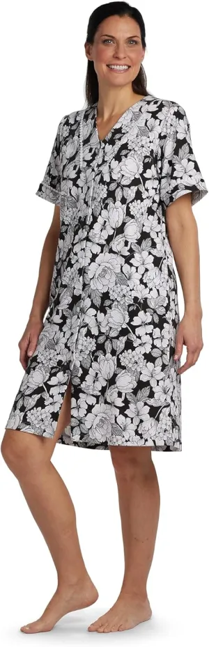 Miss Elaine Robe - Women's Short Interlock Knit Robe, Ultra Soft and Snap Front, Short Sleeves, Sleepwear & Loungewear (2X, Black/White Floral)