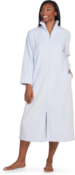 Miss Elaine Women's Long Fleece Robe, Long Sleeves and Zipper Front Closure, Collared Neck with Side Pockets