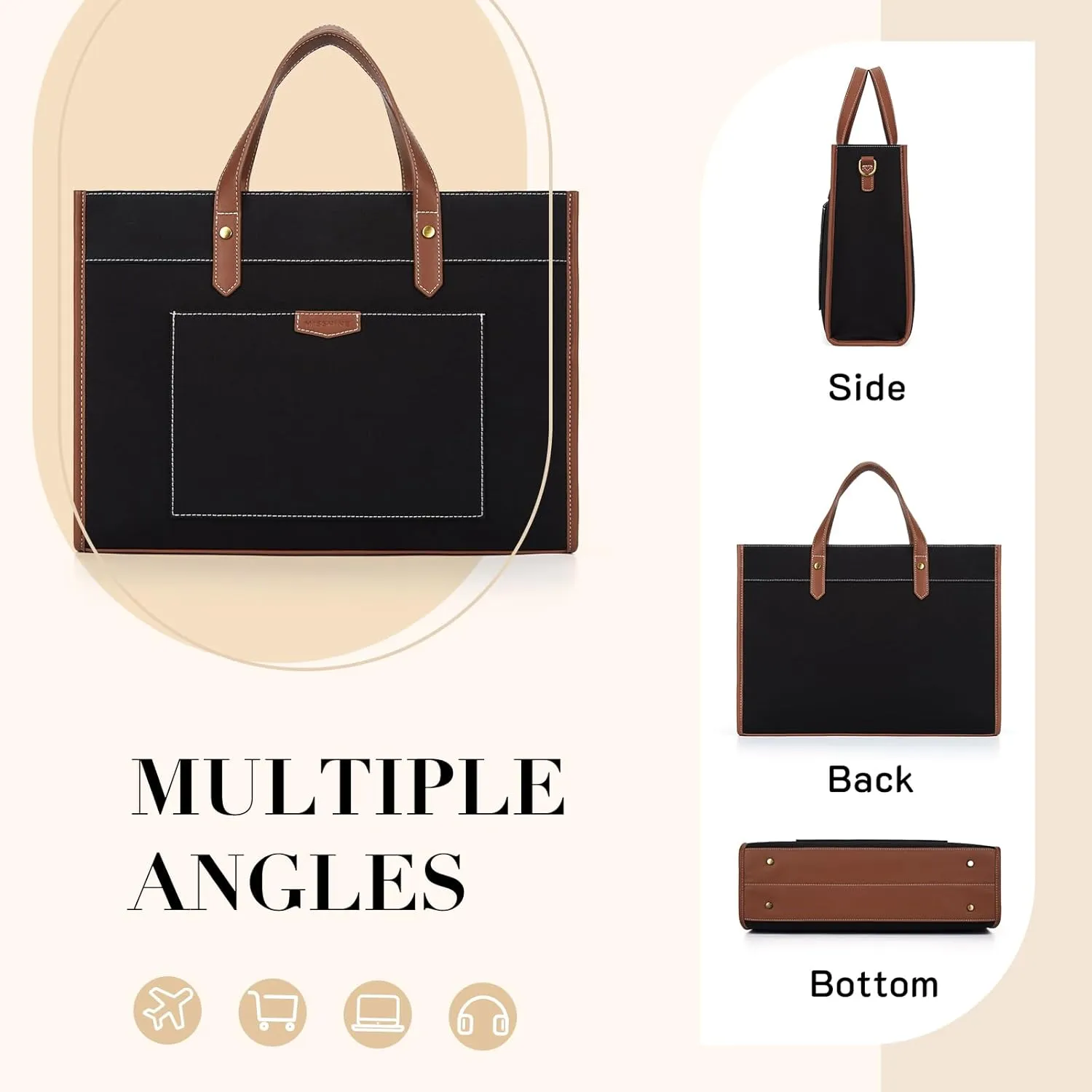 Missnine Laptop Tote Bag Canvas Laptop Bag 15.6 inch Work Shoulder Bags Casual Briefcase Handbag for Travel, Office, College (Black Brown)
