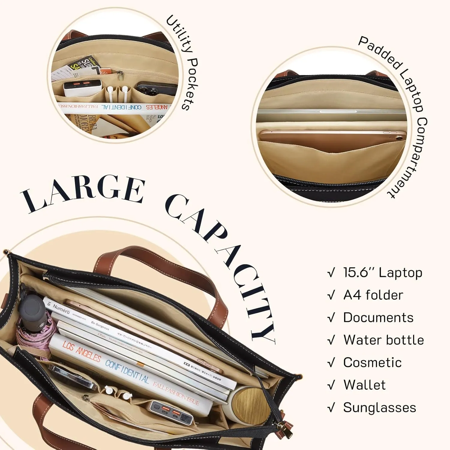 Missnine Laptop Tote Bag Canvas Laptop Bag 15.6 inch Work Shoulder Bags Casual Briefcase Handbag for Travel, Office, College (Black Brown)
