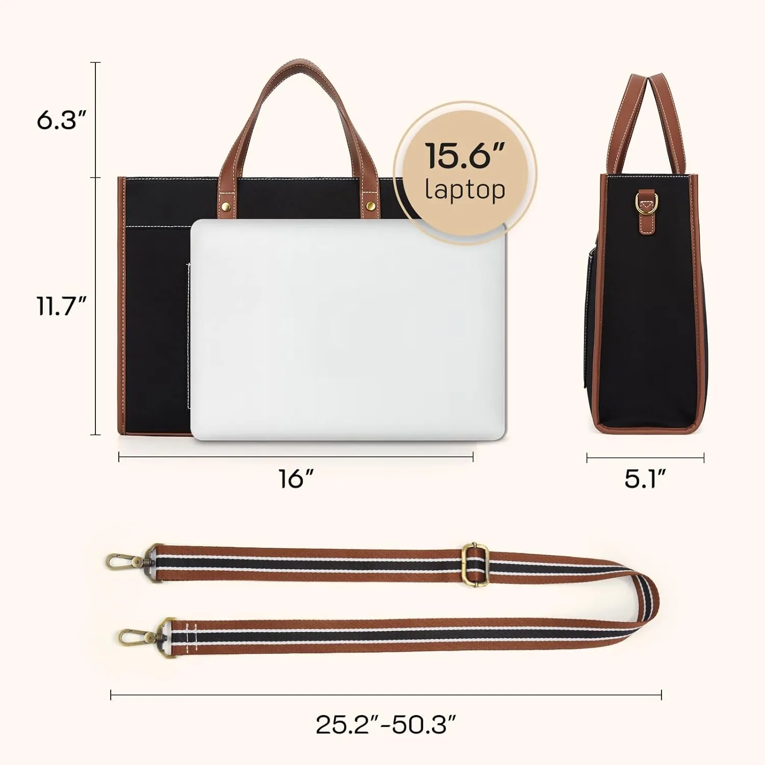 Missnine Laptop Tote Bag Canvas Laptop Bag 15.6 inch Work Shoulder Bags Casual Briefcase Handbag for Travel, Office, College (Black Brown)