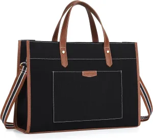 Missnine Laptop Tote Bag Canvas Laptop Bag 15.6 inch Work Shoulder Bags Casual Briefcase Handbag for Travel, Office, College (Black Brown)