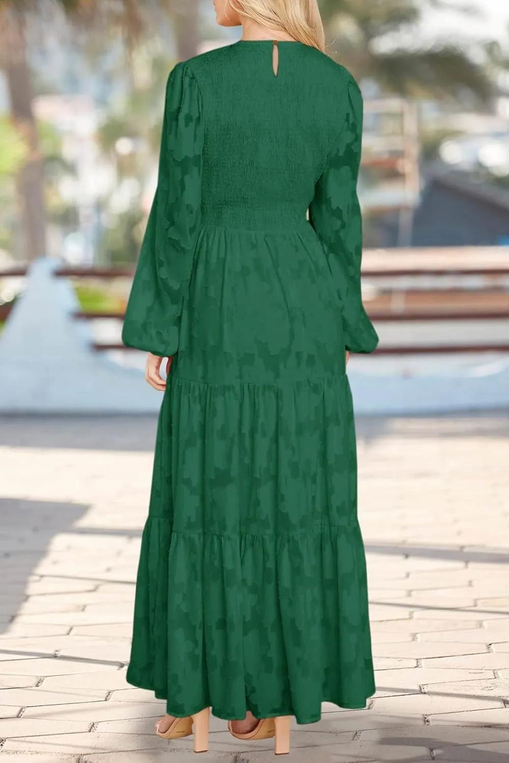 MITILLY Women's Elegant Floral Long Sleeve Round Neck Smocked A-Line Flowy Tiered Maxi Dress with Pockets