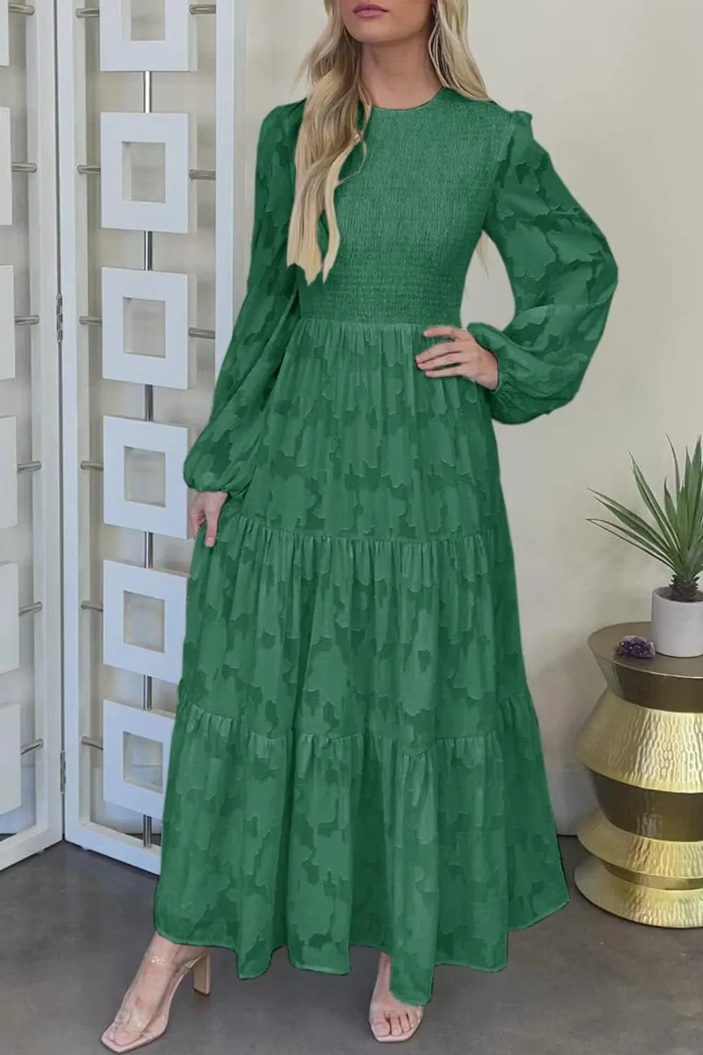 MITILLY Women's Elegant Floral Long Sleeve Round Neck Smocked A-Line Flowy Tiered Maxi Dress with Pockets