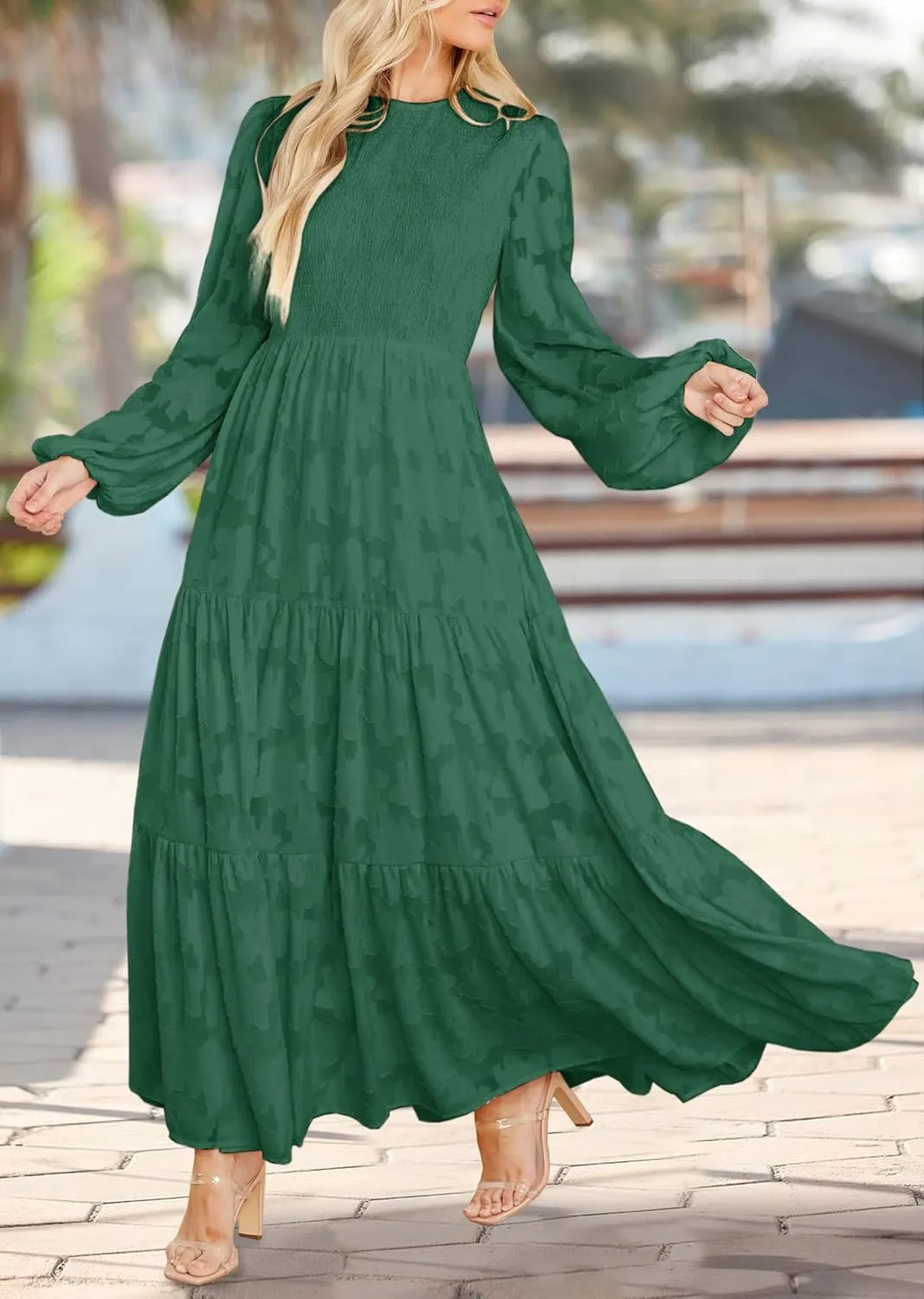 MITILLY Women's Elegant Floral Long Sleeve Round Neck Smocked A-Line Flowy Tiered Maxi Dress with Pockets