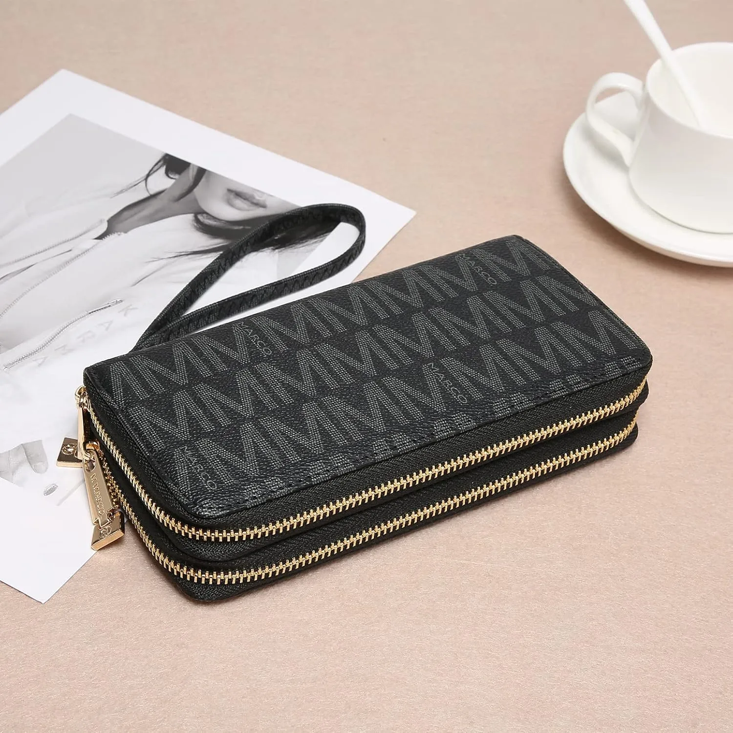 MKP COLLECTION Womens Fashion Double Zip Around Wallet Long Purse Credit Card Holder Bifold Ladies Cluth Wristlet Wrist Strap