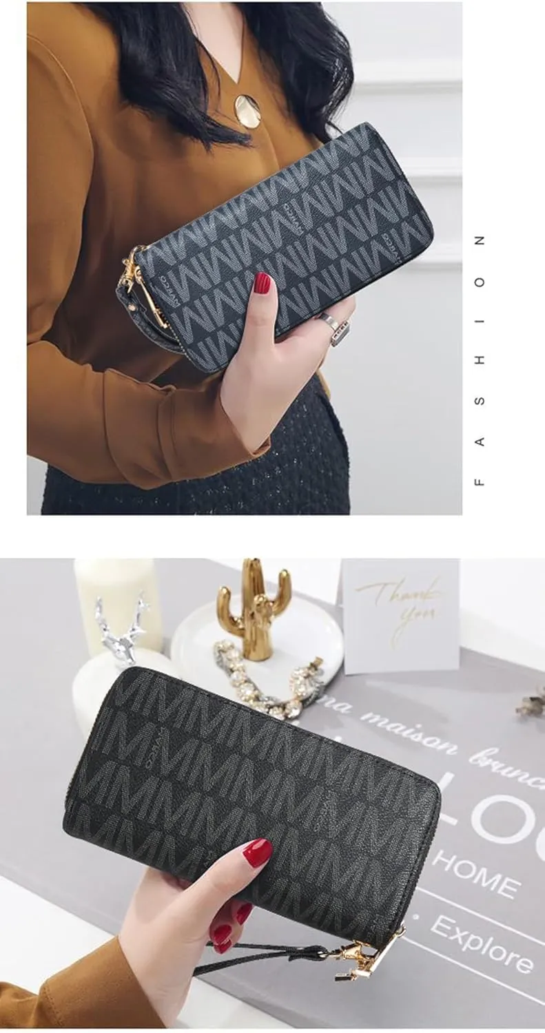 MKP COLLECTION Womens Fashion Double Zip Around Wallet Long Purse Credit Card Holder Bifold Ladies Cluth Wristlet Wrist Strap