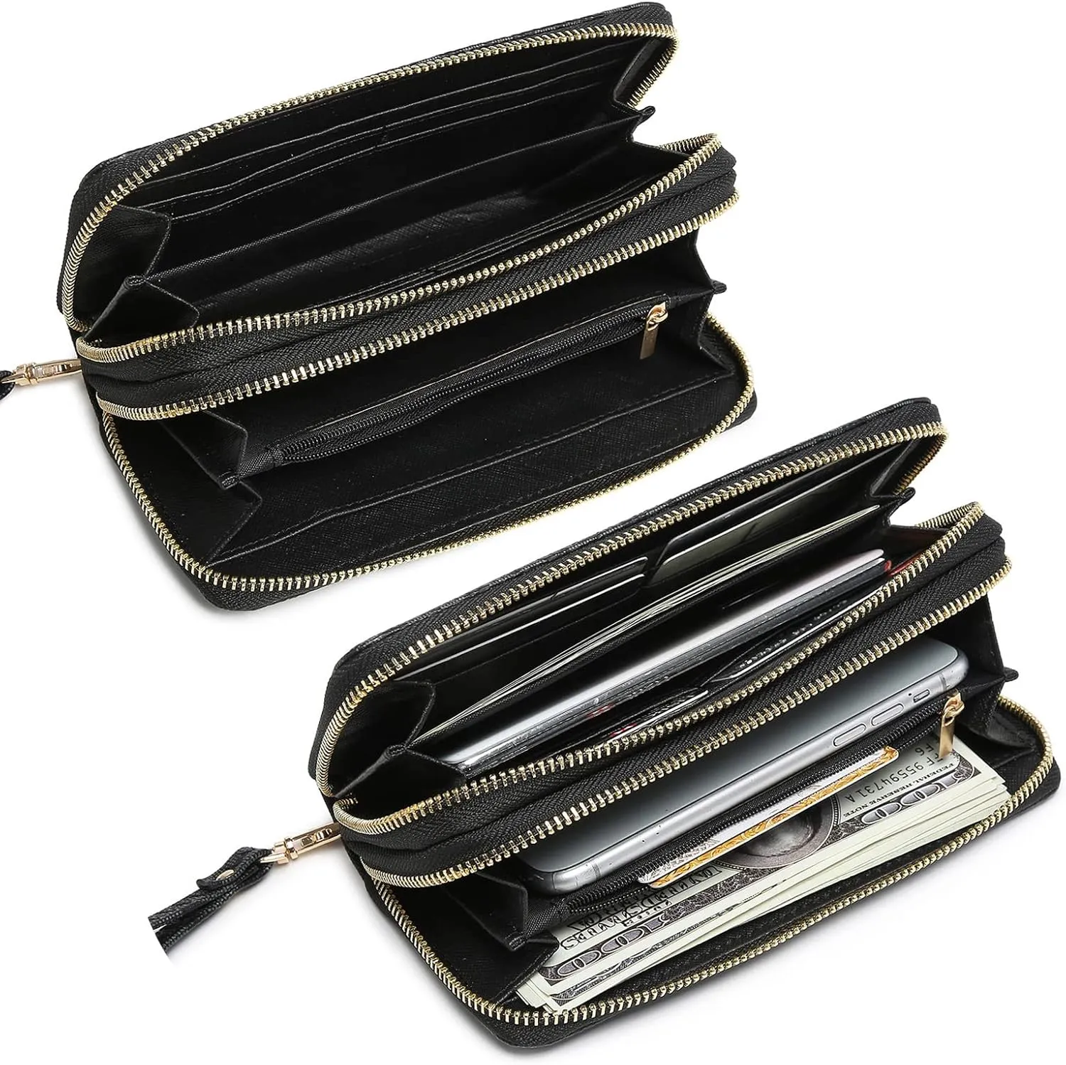 MKP COLLECTION Womens Fashion Double Zip Around Wallet Long Purse Credit Card Holder Bifold Ladies Cluth Wristlet Wrist Strap