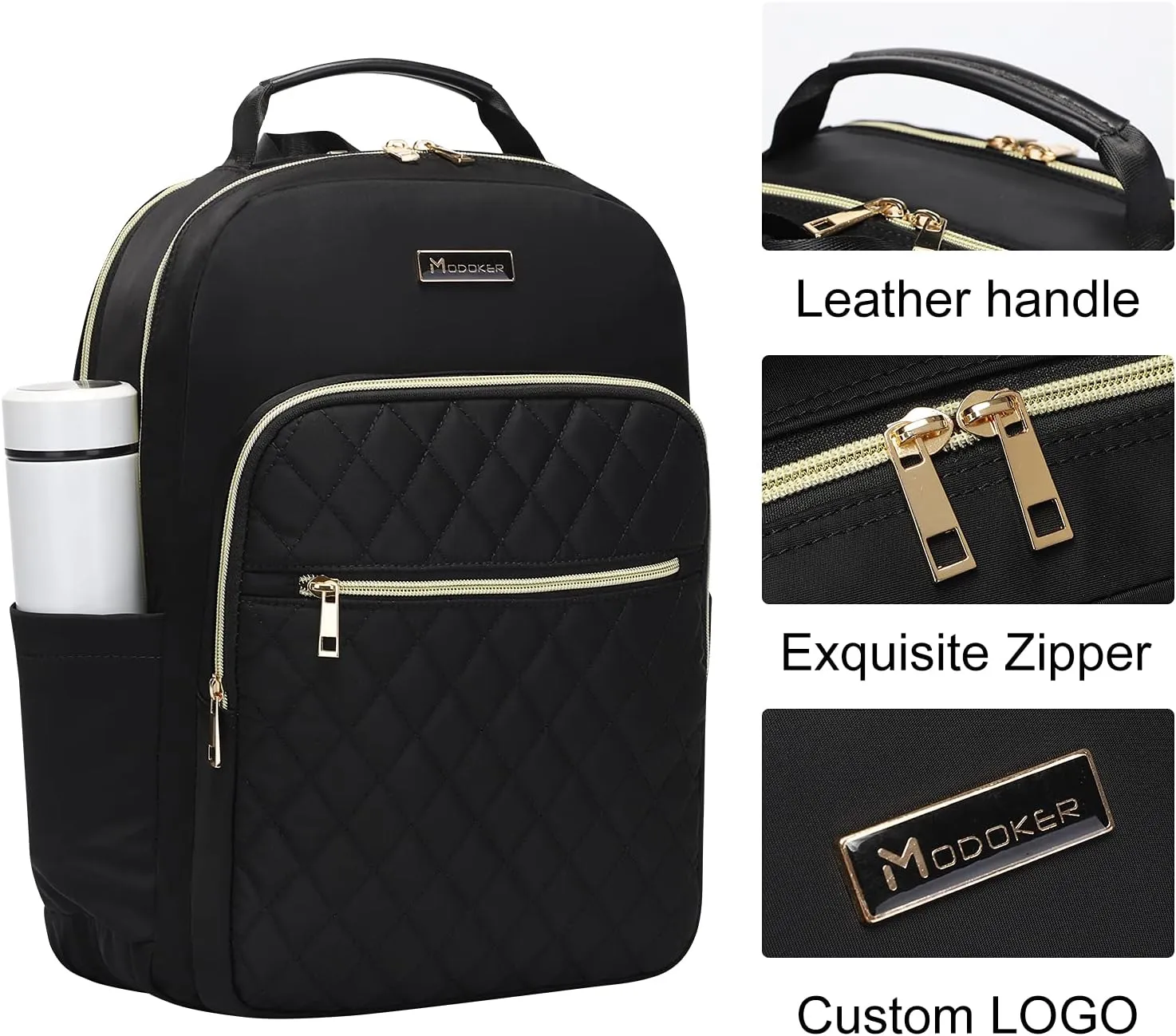 Modoker 15.6 Inch Laptop Backpack, Quilted Work Backpack for Women Bookbag Teacher Backpack with USB Charging Port, Travel Backpack Purse for Women Nurse, Black