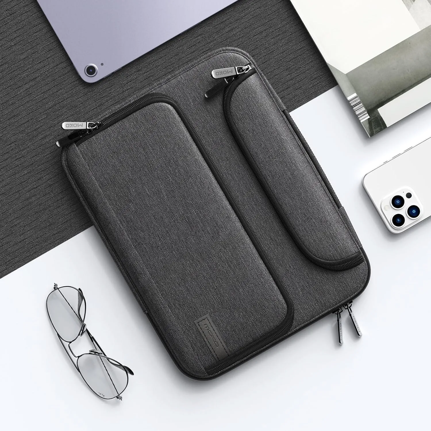 MoKo 12.9 Inch Laptop Sleeve Case Fits 13 Inch New iPad Pro M4 & Air M2 2024, iPad Pro 12.9 in, Galaxy Tab S8 /S9  12.4, Waterproof Polyester Bag with Double Pockets, Retractable Handle, Black & Gray