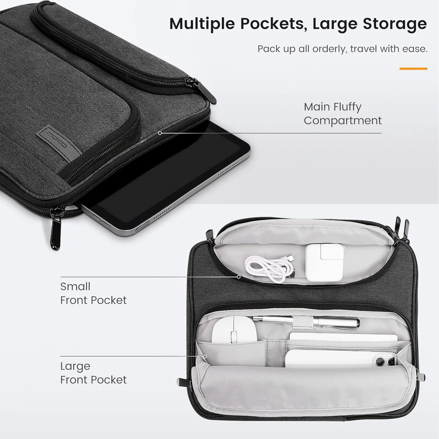 MoKo 12.9 Inch Laptop Sleeve Case Fits 13 Inch New iPad Pro M4 & Air M2 2024, iPad Pro 12.9 in, Galaxy Tab S8 /S9  12.4, Waterproof Polyester Bag with Double Pockets, Retractable Handle, Black & Gray