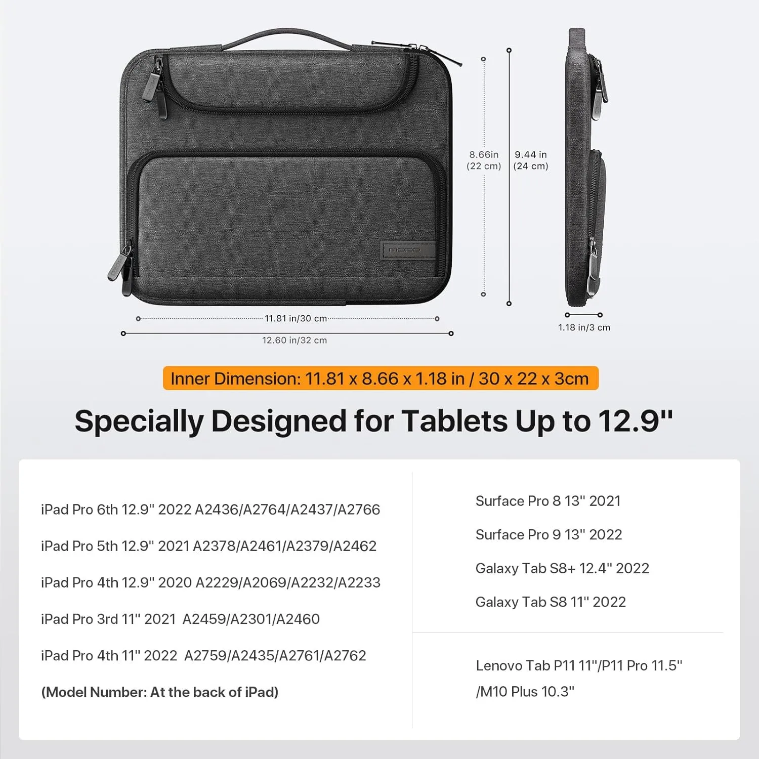 MoKo 12.9 Inch Laptop Sleeve Case Fits 13 Inch New iPad Pro M4 & Air M2 2024, iPad Pro 12.9 in, Galaxy Tab S8 /S9  12.4, Waterproof Polyester Bag with Double Pockets, Retractable Handle, Black & Gray