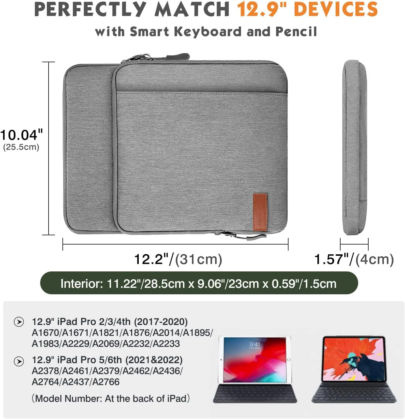 MoKo 12.9 Inch Tablet Sleeve Bag Carrying Case with Pockets Fits iPad Pro 12.9 M2 2022/2021/2020, Surface Laptop Go 12.4", Galaxy Tab S8 /S9  12.4" 2022/2023, Light Gray