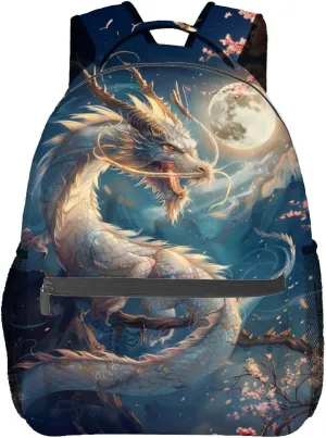Moon Dragon Backpack, Celestial Art Polyester Backpacks,Lightweight Double Shoulder Back Pack for Kids Teens,Cool Fantasy Bookbag,School Bag Gifts,Casual Travel Daypack Book Packs