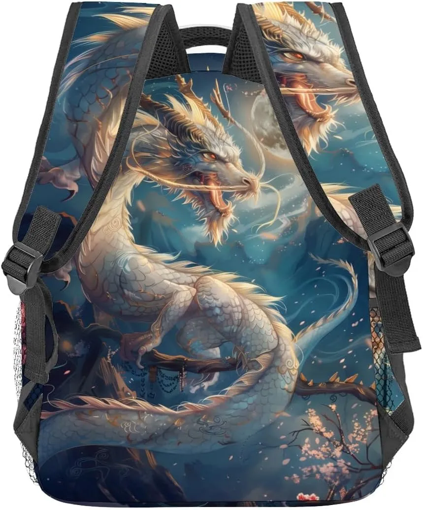 Moon Dragon Backpack, Celestial Art Polyester Backpacks,Lightweight Double Shoulder Back Pack for Kids Teens,Cool Fantasy Bookbag,School Bag Gifts,Casual Travel Daypack Book Packs
