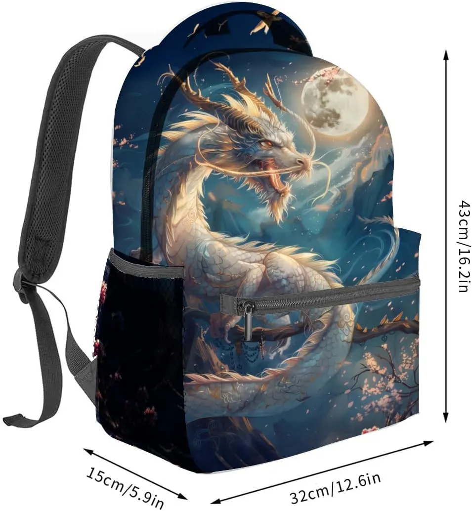 Moon Dragon Backpack, Celestial Art Polyester Backpacks,Lightweight Double Shoulder Back Pack for Kids Teens,Cool Fantasy Bookbag,School Bag Gifts,Casual Travel Daypack Book Packs