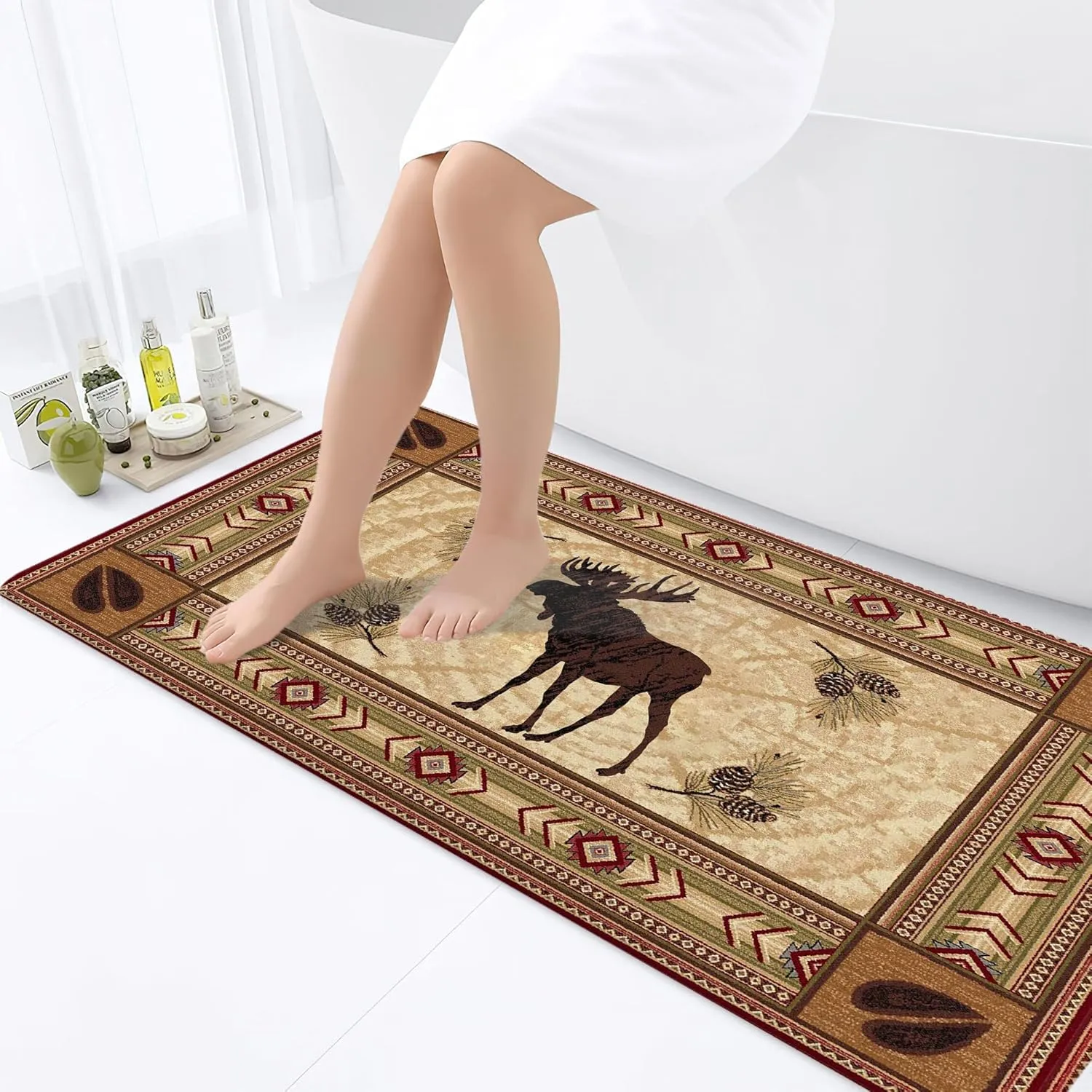 Moose Bathroom Rugs Soft Bath Rugs Non Slip, Animal Forest Trees Rustic Cabin Washable Cover Floor Rug Absorbent Carpets Floor Mat Home Decor for Kitchen Bedroom