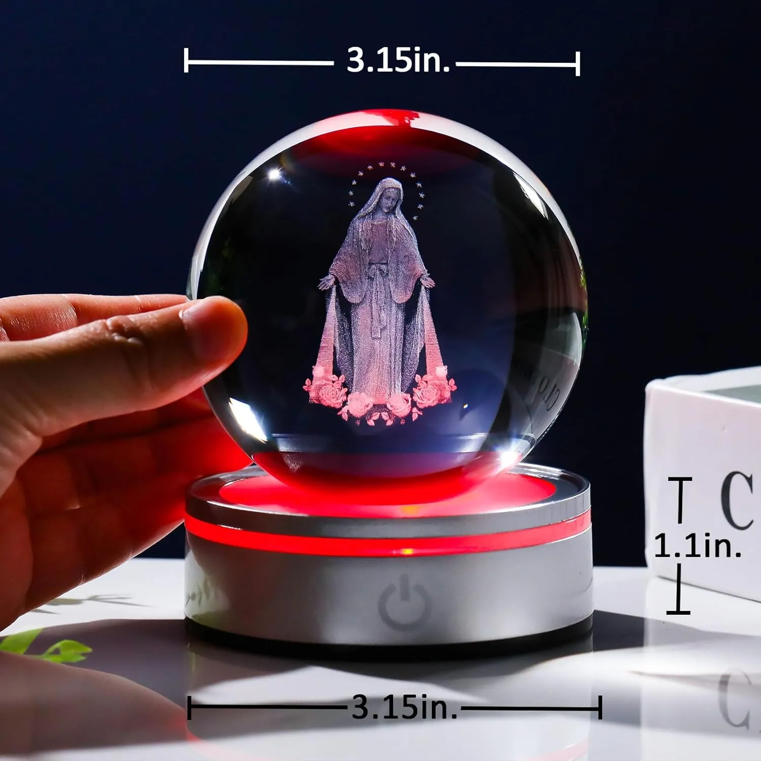 Movdyka 3D Crystal Ball Virgin Mary Statue Religious Gifts for Women Men Catholic, Laser Engrave Blessed Mother Statues Figurine Decor with Night Light Base, Christian Gifts for Women Friends Faith