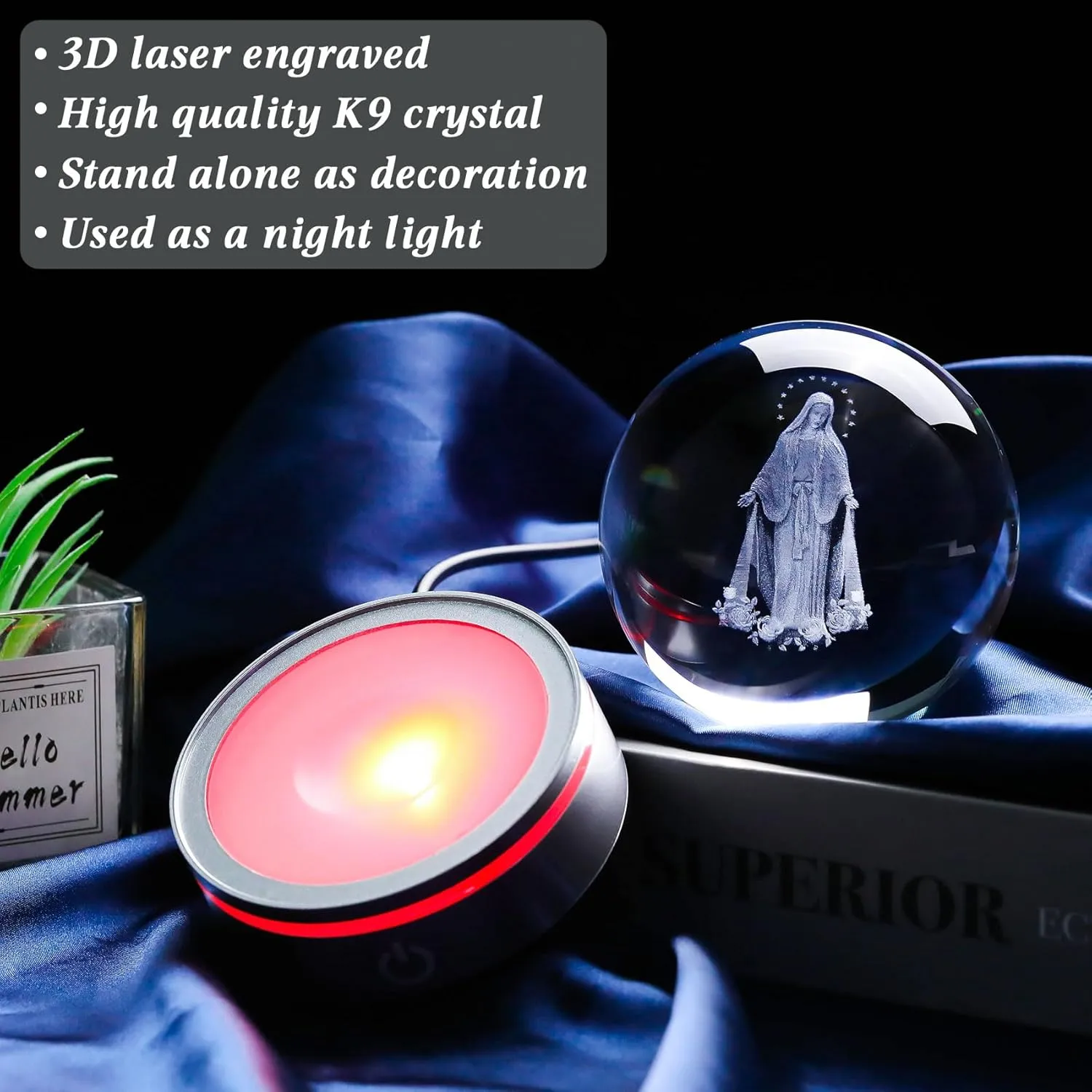 Movdyka 3D Crystal Ball Virgin Mary Statue Religious Gifts for Women Men Catholic, Laser Engrave Blessed Mother Statues Figurine Decor with Night Light Base, Christian Gifts for Women Friends Faith