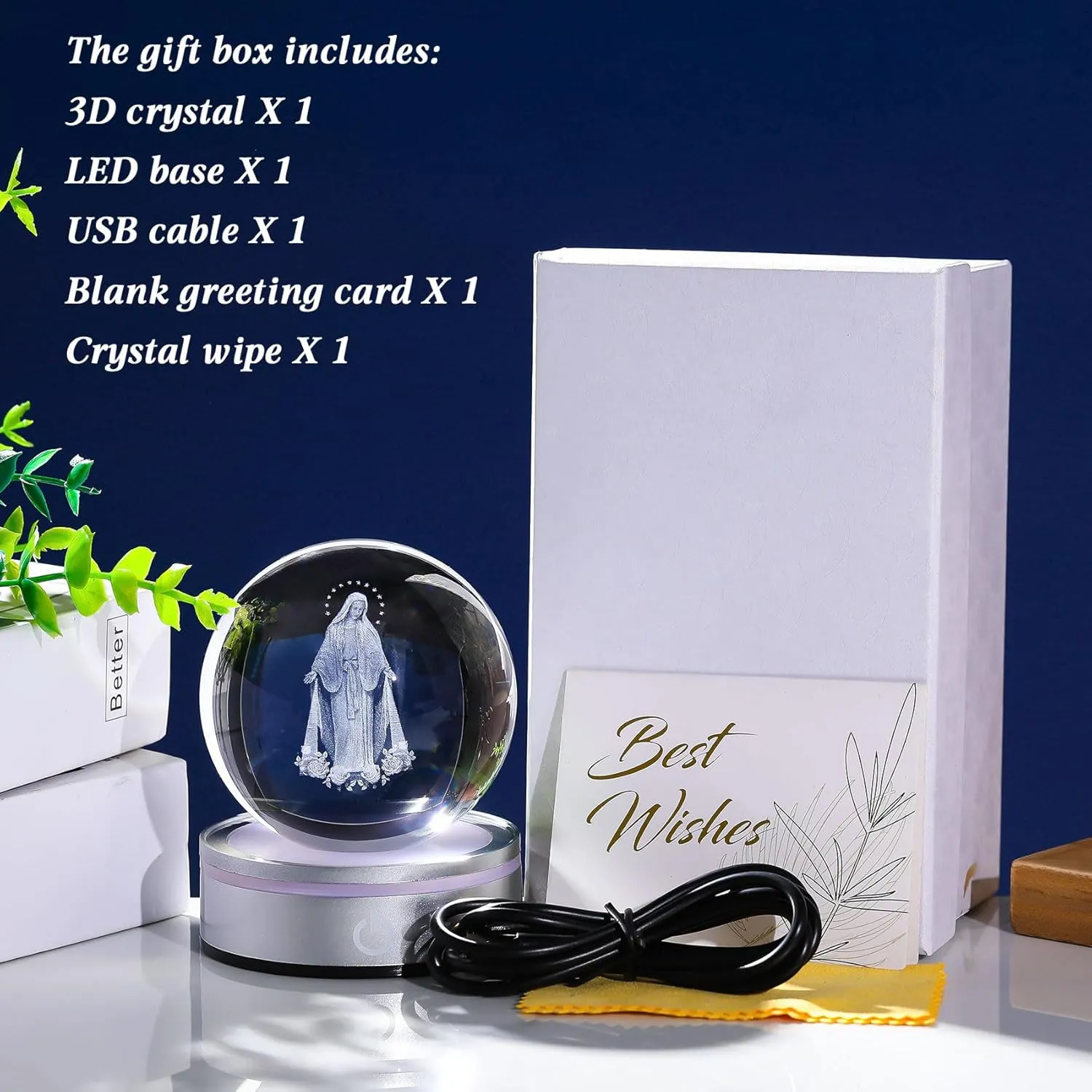 Movdyka 3D Crystal Ball Virgin Mary Statue Religious Gifts for Women Men Catholic, Laser Engrave Blessed Mother Statues Figurine Decor with Night Light Base, Christian Gifts for Women Friends Faith