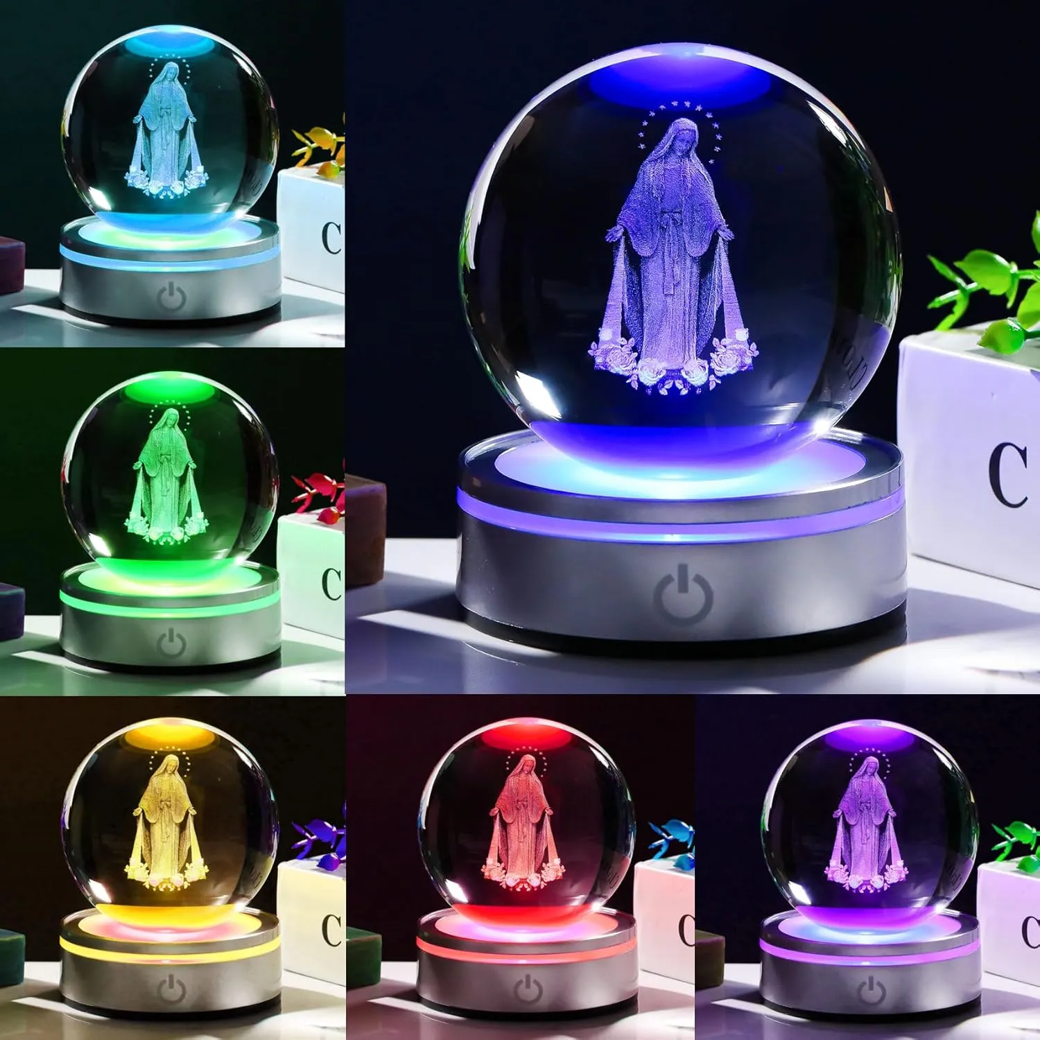 Movdyka 3D Crystal Ball Virgin Mary Statue Religious Gifts for Women Men Catholic, Laser Engrave Blessed Mother Statues Figurine Decor with Night Light Base, Christian Gifts for Women Friends Faith