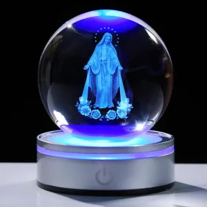 Movdyka 3D Crystal Ball Virgin Mary Statue Religious Gifts for Women Men Catholic, Laser Engrave Blessed Mother Statues Figurine Decor with Night Light Base, Christian Gifts for Women Friends Faith