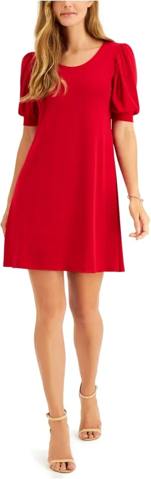 MSK Womens Petites Knit Puff Sleeves Sheath Dress Red PS