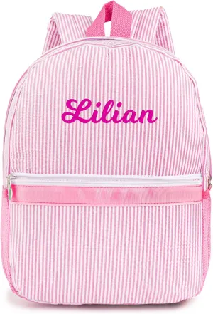 MT WORLD Personalized Toddler Backpack Seersucker Daycare Pack for Toddler Girls 2-4, Preppy Packpacks Kids Bookbags for Daily School, Birthday Gifts (Pink)