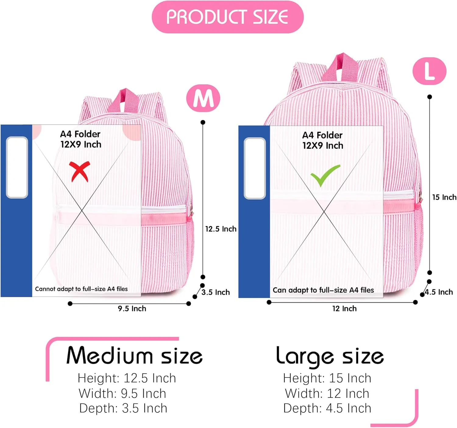 MT WORLD Personalized Toddler Backpack Seersucker Daycare Pack for Toddler Girls 2-4, Preppy Packpacks Kids Bookbags for Daily School, Birthday Gifts (Pink)