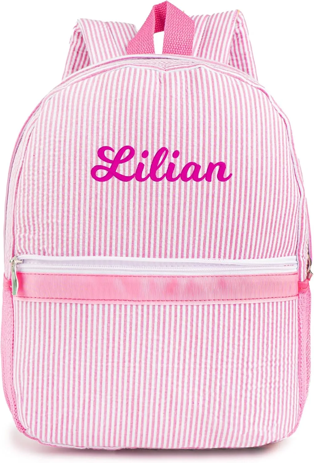 MT WORLD Personalized Toddler Backpack Seersucker Daycare Pack for Toddler Girls 2-4, Preppy Packpacks Kids Bookbags for Daily School, Birthday Gifts (Pink)