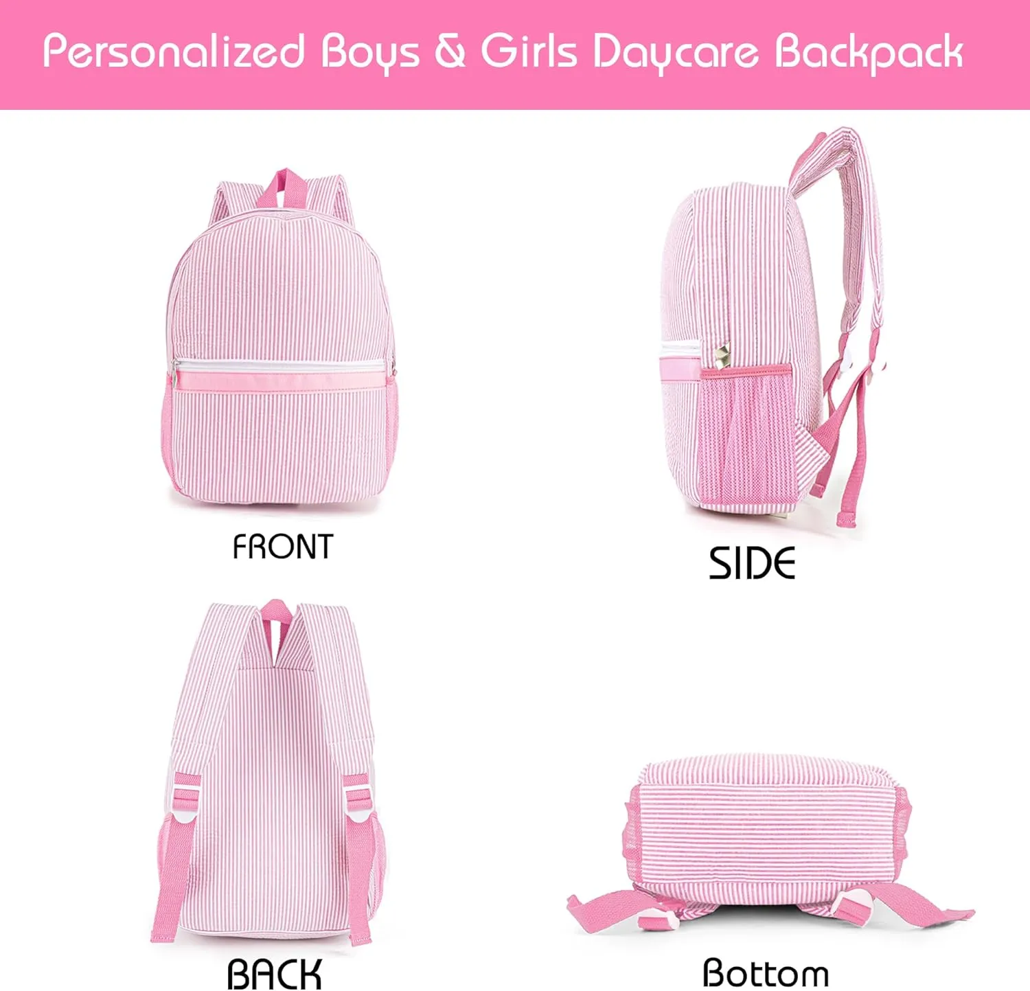 MT WORLD Personalized Toddler Backpack Seersucker Daycare Pack for Toddler Girls 2-4, Preppy Packpacks Kids Bookbags for Daily School, Birthday Gifts (Pink)