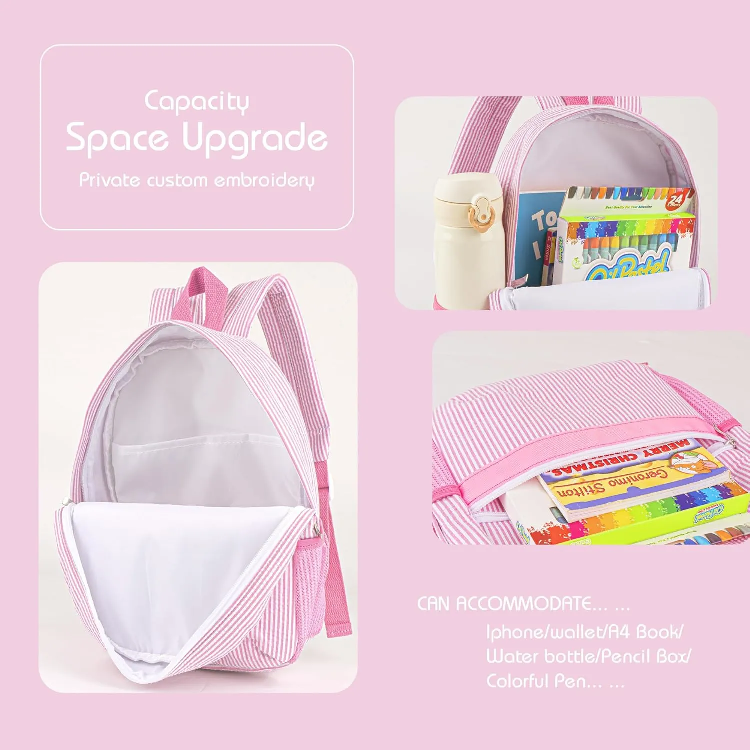 MT WORLD Personalized Toddler Backpack Seersucker Daycare Pack for Toddler Girls 2-4, Preppy Packpacks Kids Bookbags for Daily School, Birthday Gifts (Pink)