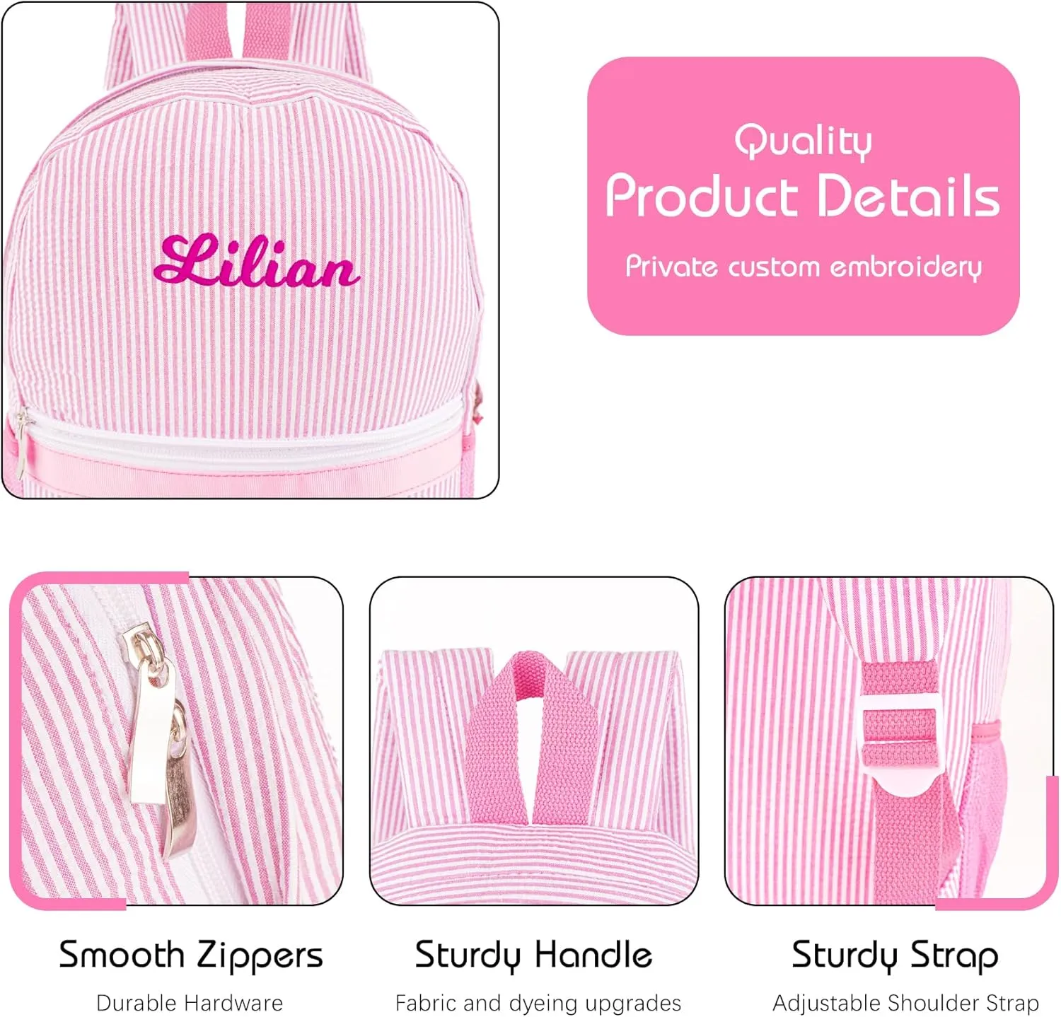MT WORLD Personalized Toddler Backpack Seersucker Daycare Pack for Toddler Girls 2-4, Preppy Packpacks Kids Bookbags for Daily School, Birthday Gifts (Pink)
