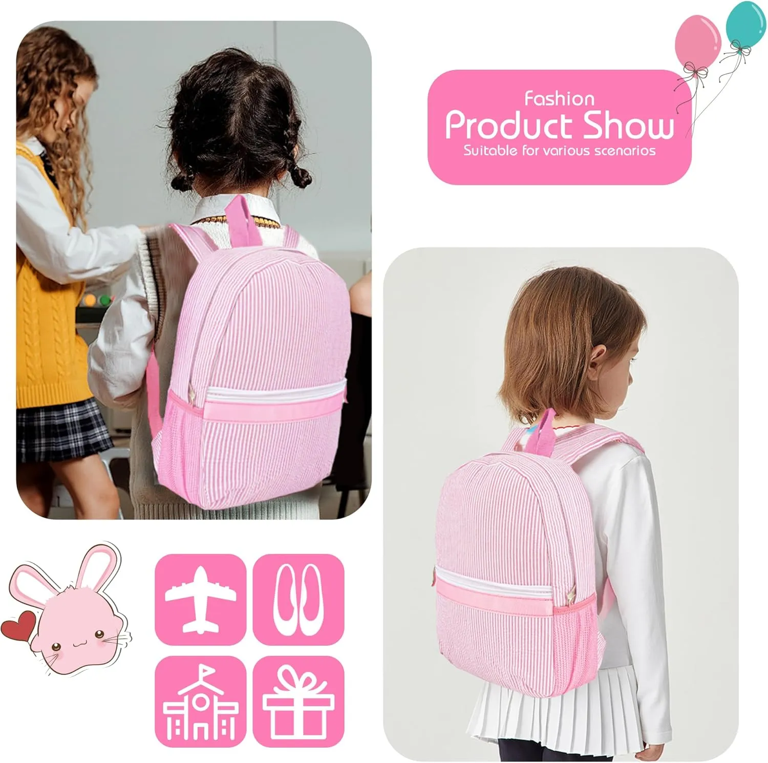 MT WORLD Personalized Toddler Backpack Seersucker Daycare Pack for Toddler Girls 2-4, Preppy Packpacks Kids Bookbags for Daily School, Birthday Gifts (Pink)