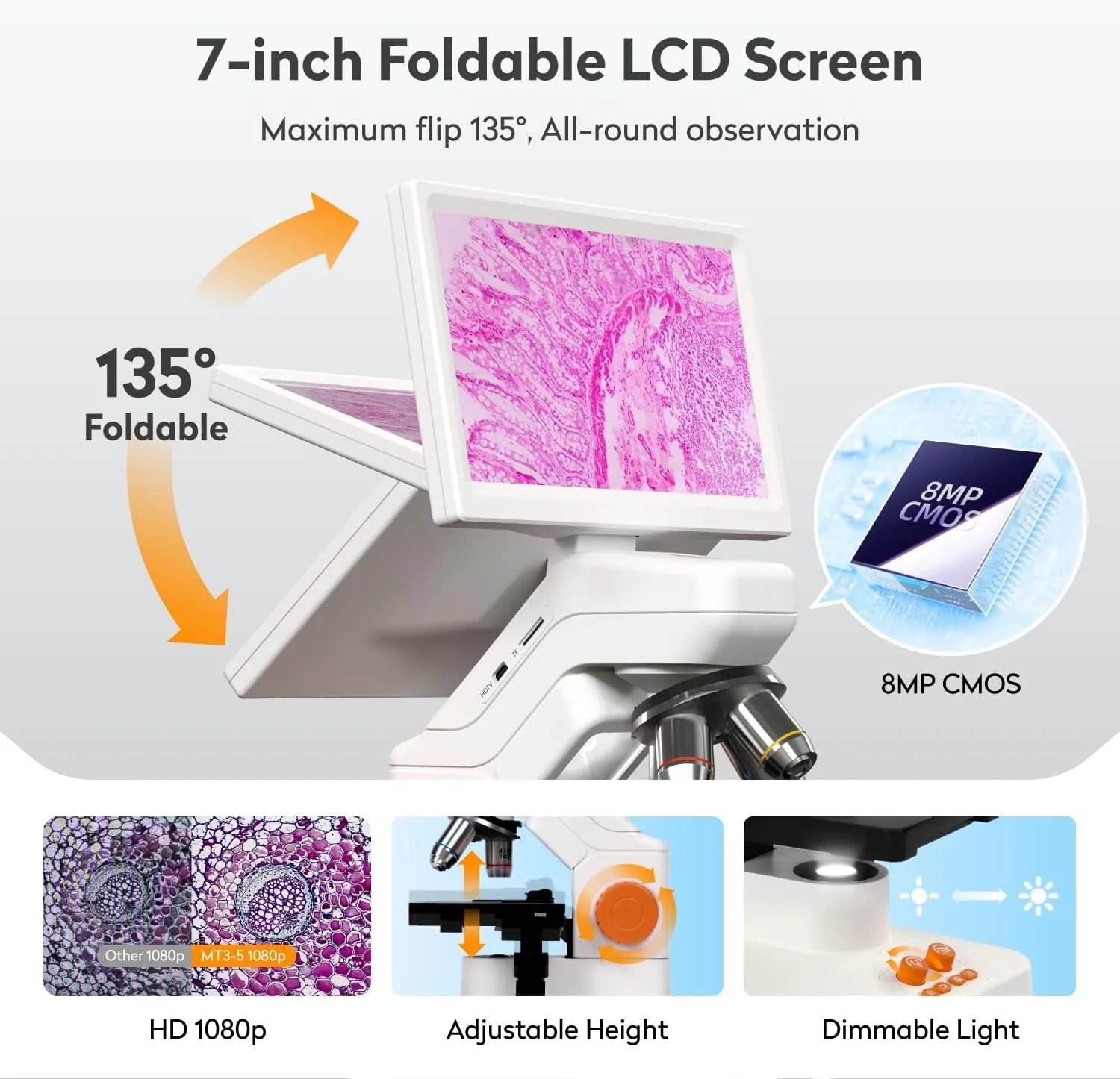 MT3-5 Wireless Digital Microscope for Kids Adults, 1600X USB Microscope with 7-inch Touch Screen, Professional Electron Scope with 8MP Camera and 3D Stage for Students Adults School Lab